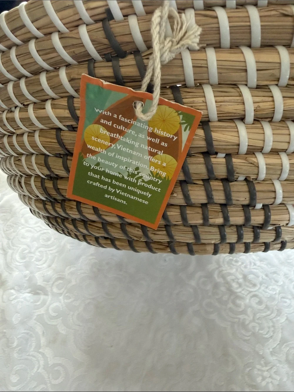 Natural Woven Basket Bowl - Tan, white & gray